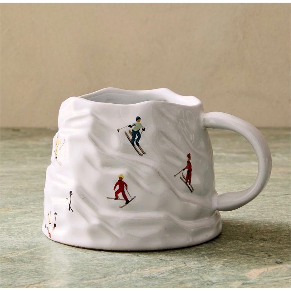 NWOB West Elm St. Jude Ski Scene Mugs Set of 2 Mountain Skier Stoneware Coffee